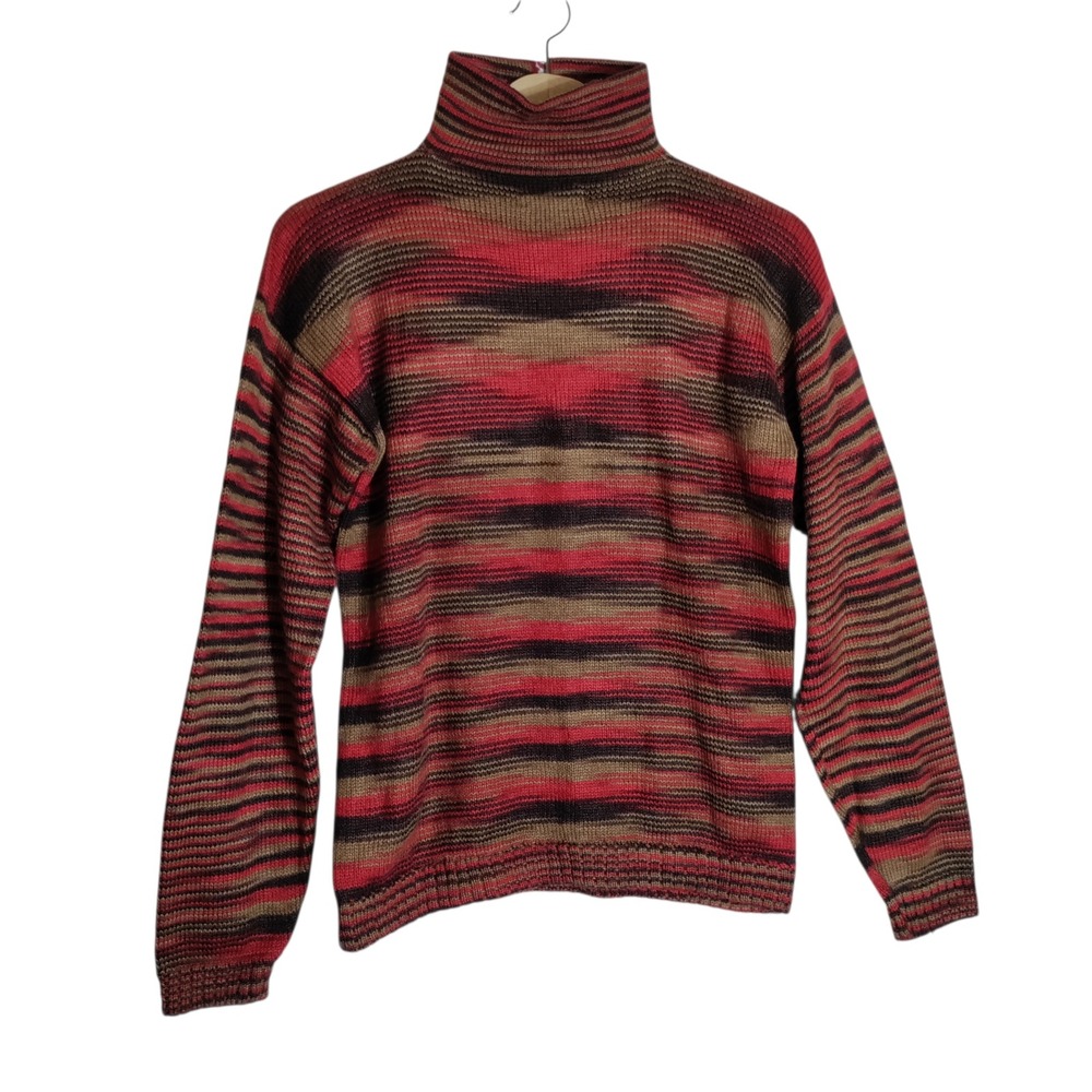Signature Imports Alpaca Sweater Womens Medium Red Striped Turtleneck Back Zip